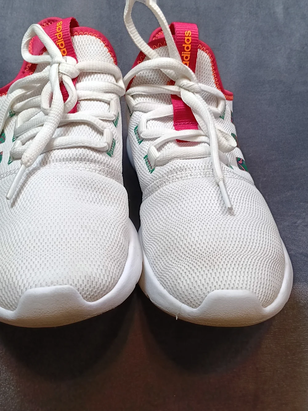 Adidas White Cloudfoam Sneakers with Pink Trim and Floral Stripes